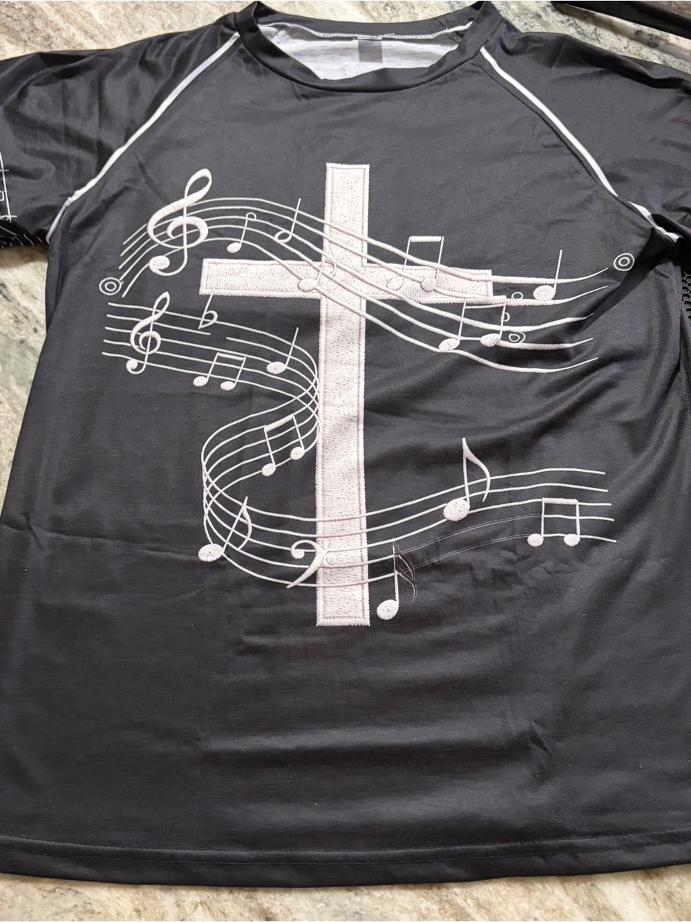 SHEIN Black Short-Sleeve Tee with White Cross & Musical Notes Graphic